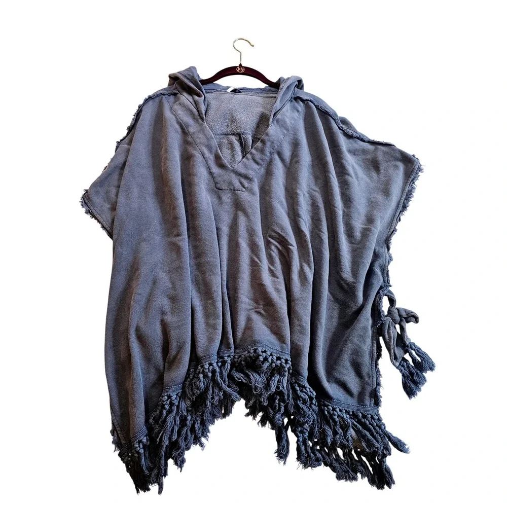 Free‎ People Hooded Poncho Women XS S Blue Gray Fringe Boho